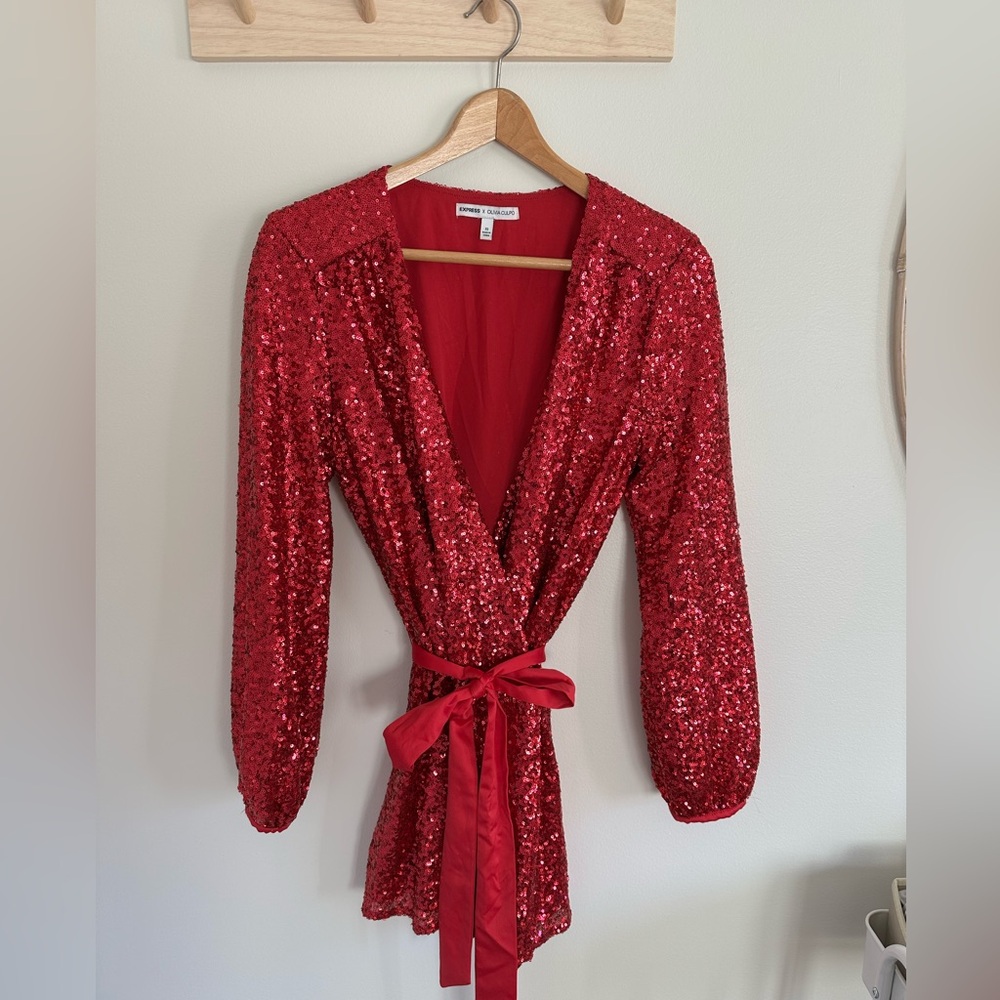 Red sequins long sleeve dress. Size XS Express x Olivia Culpo